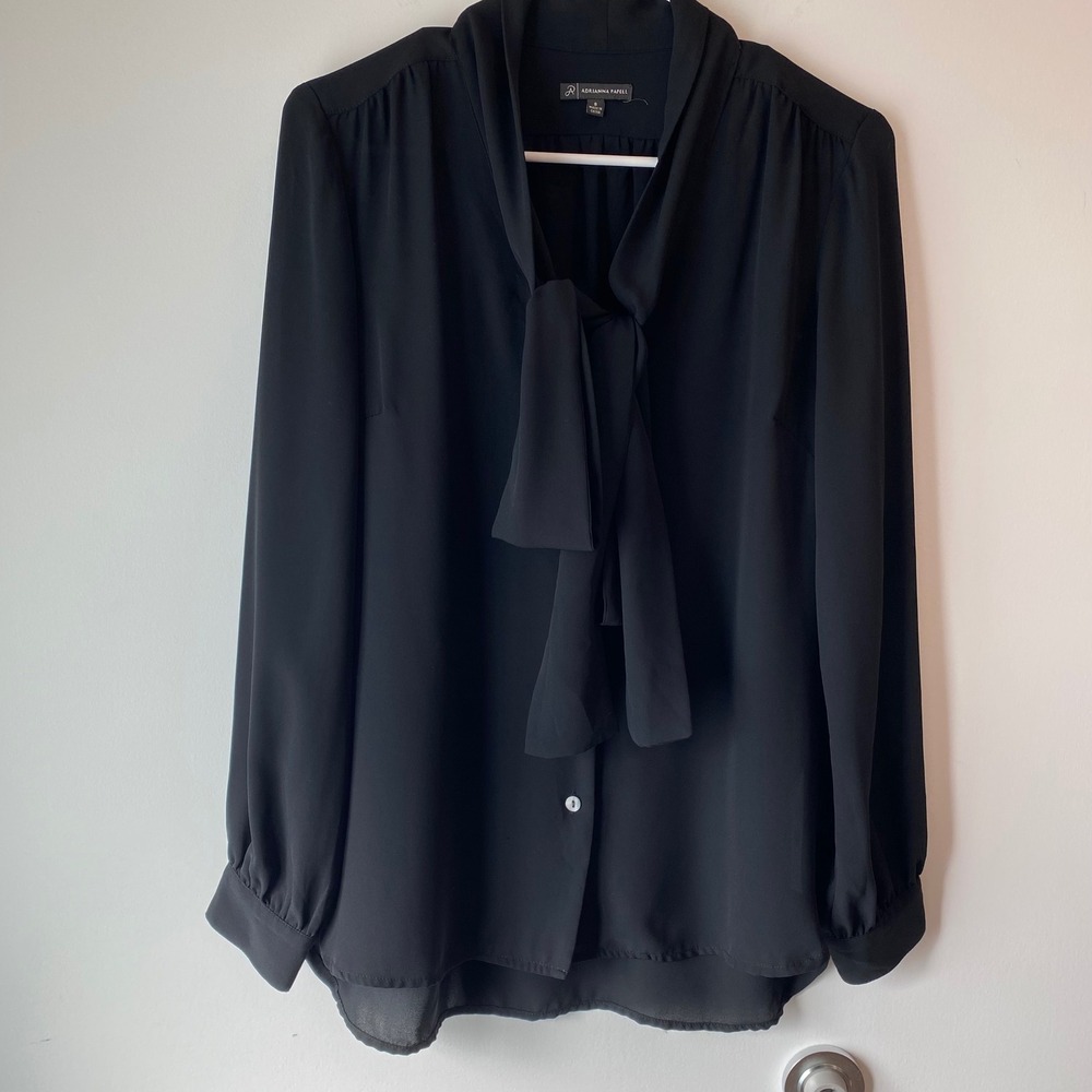 Adrianna Papell Blouse Womens S Black Tie Neck Button Front Long Sleeve Chiffon